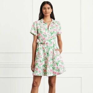 Hill House Laura Linen Mini Shirtdress in Pink Roses